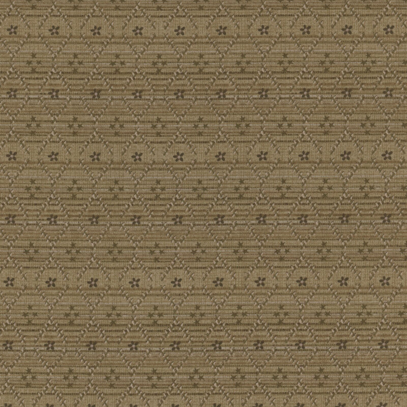 fabric pattern of textured interwoven lines and floral motifs on a brown background