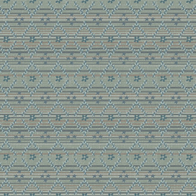 fabric pattern of textured interwoven lines and floral motifs on a blue background