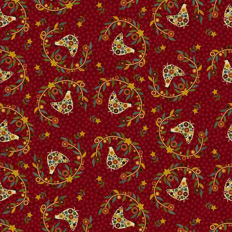 decorative fabric pattern of chickens, stars, and motifs on a red background. 