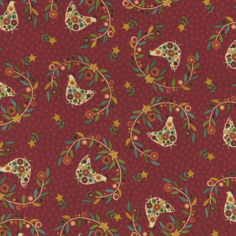 decorative fabric pattern of chickens, stars, and motifs on a red background. 