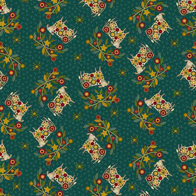 decorative fabric pattern of cows, stars, and motifs on a deep teal background. 