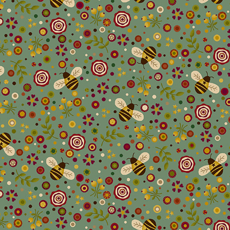 floral and bee fabric pattern on a medium teal background