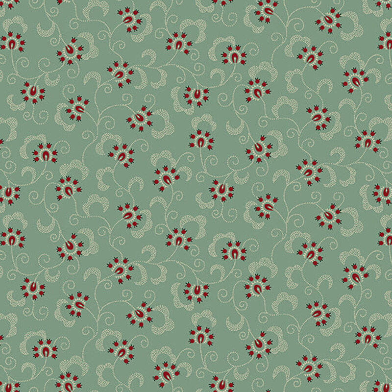 floral and berry fabric pattern on a dusty aqua background