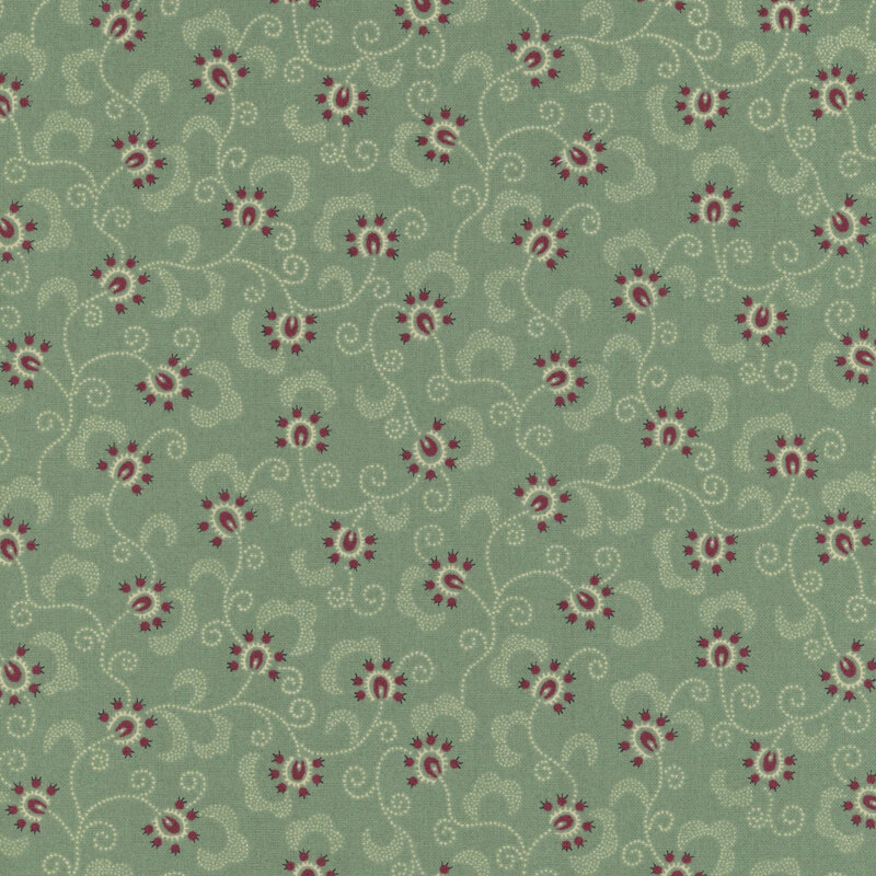 floral and berry fabric pattern on a dusty aqua background
