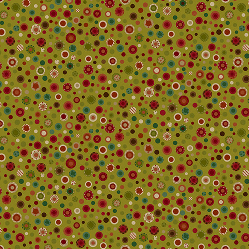 fabric pattern of buttons scattered across, on a green background