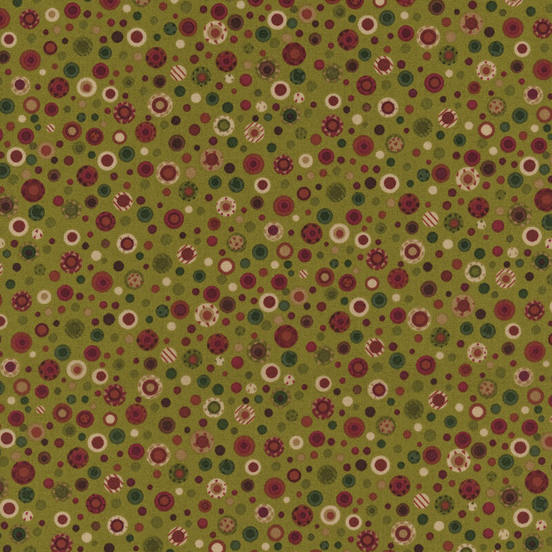 fabric pattern of buttons scattered across, on a green background