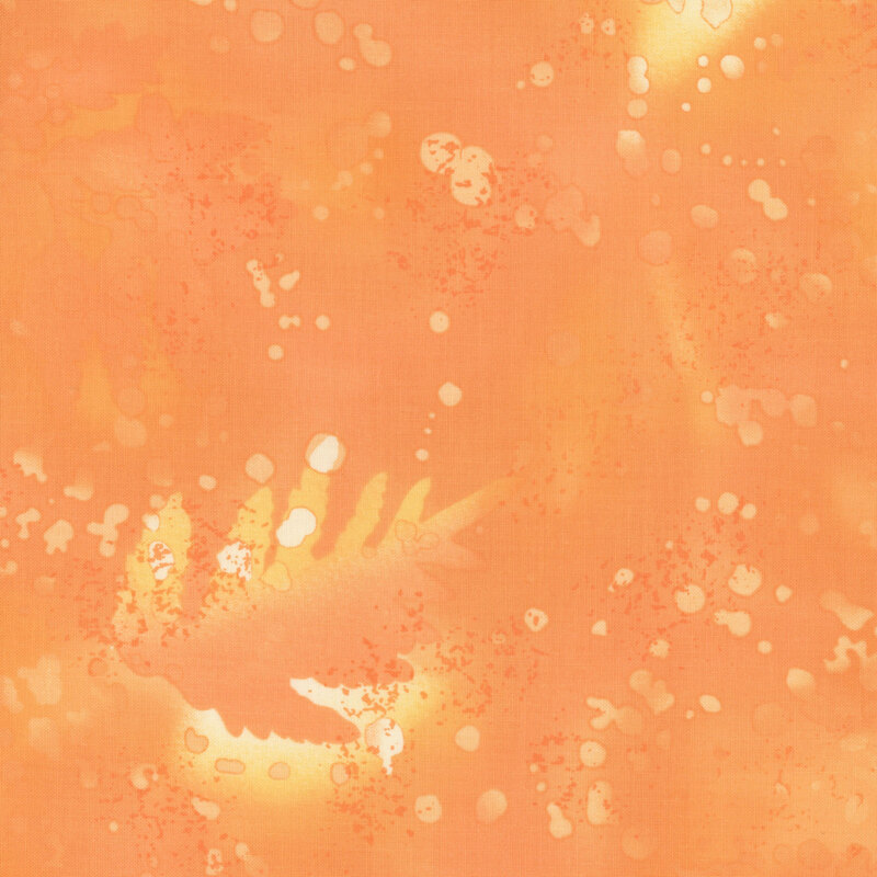 Apricot orange fabric on a watercolor background with complementary mottling and abstract fern designs.