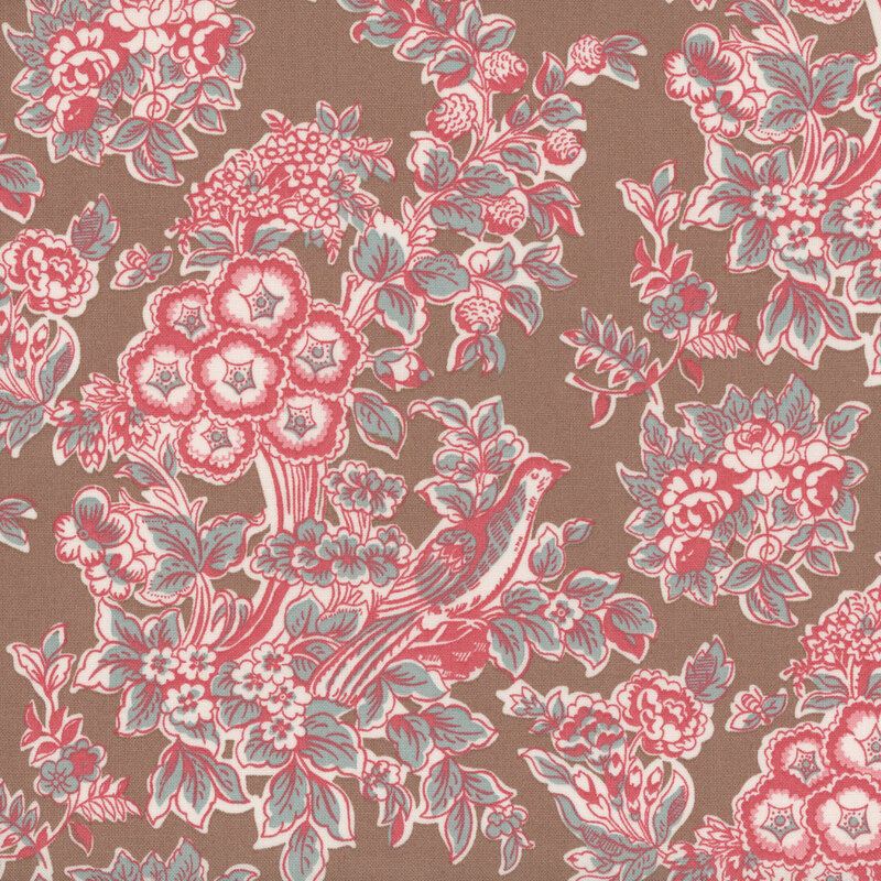 Brown fabric with pink and powder blue birds and Jacobean florals.