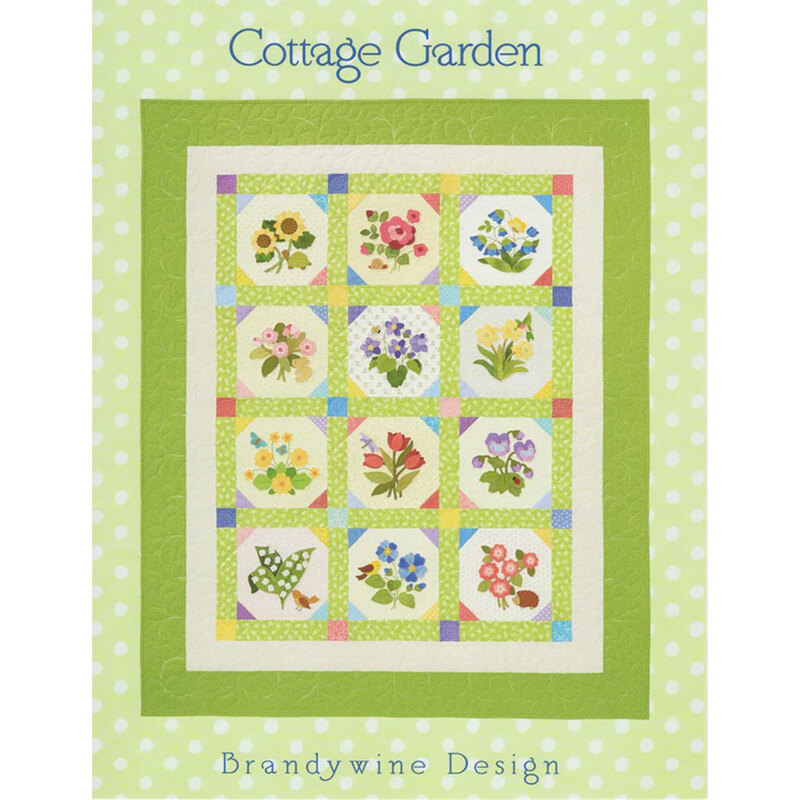 A quilt design titled Cottage Garden featuring colorful floral blocks on a polka dot background.