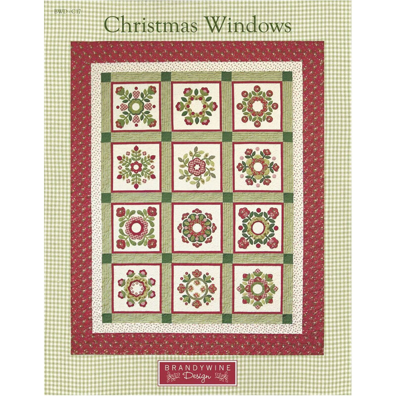 Cover design for Christmas Windows quilt pattern featuring floral blocks in red and green.