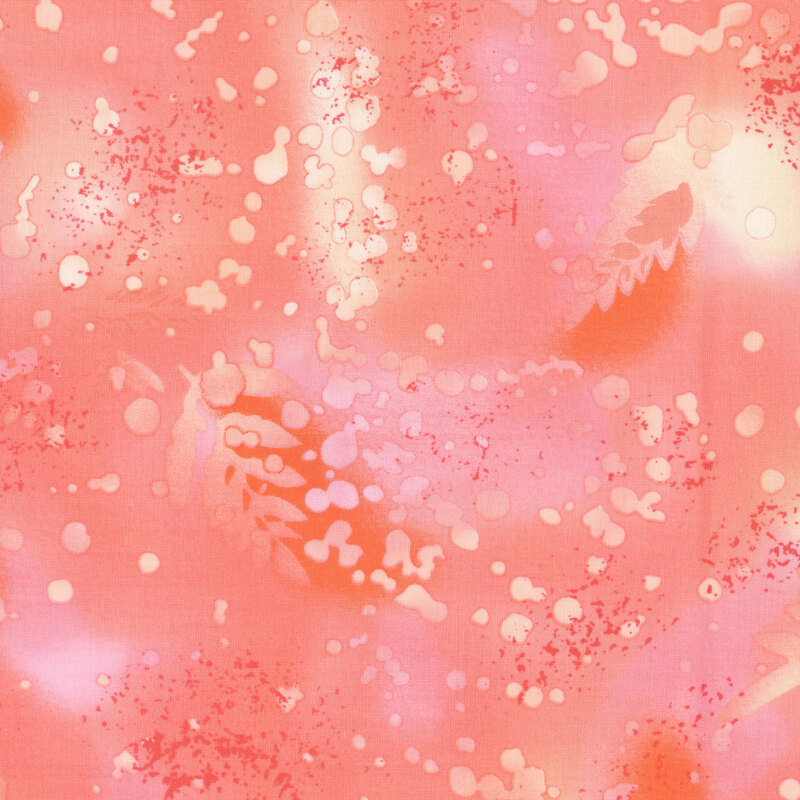 Coral pink fabric on a watercolor background with complementary mottling and abstract fern designs.