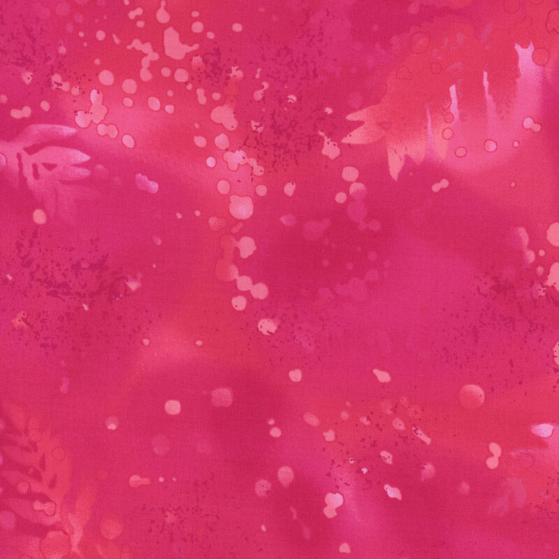 Hot pink fabric on a watercolor background with complementary mottling and abstract fern designs.