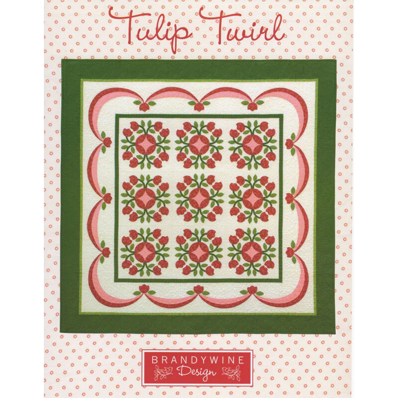 Quilt design titled Tulip Twirl, featuring a floral pattern in red and green on a polka dot background.