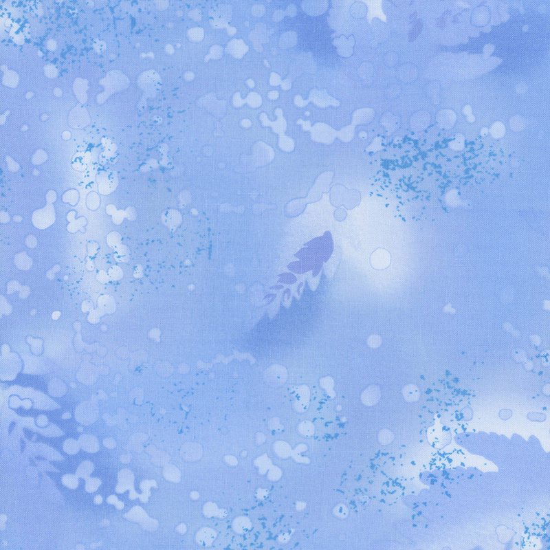 Periwinkle fabric on a watercolor background with complementary mottling and abstract fern designs.