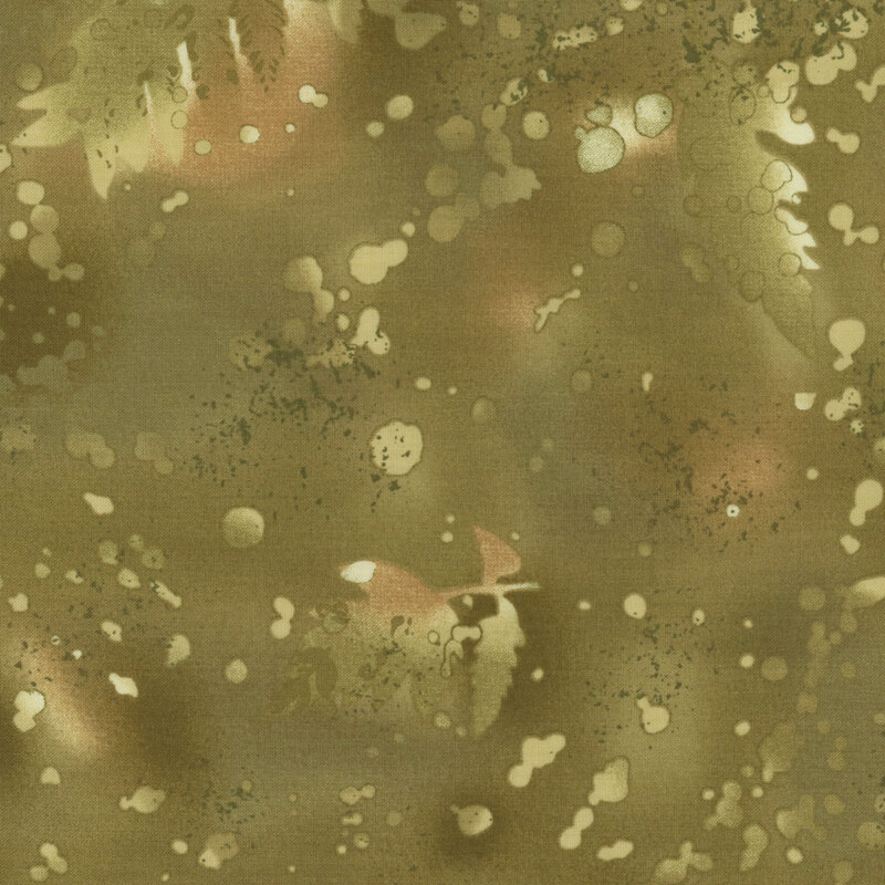 Olive green fabric on a watercolor background with complementary mottling and abstract fern designs.