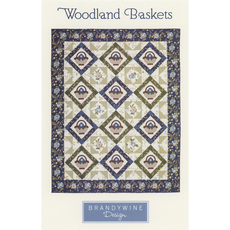 Cover of the Woodland Baskets quilt pattern featuring intricate basket designs in a diamond layout.