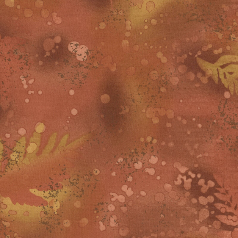 Camel brown fabric on a watercolor background with complementary mottling and abstract fern designs.