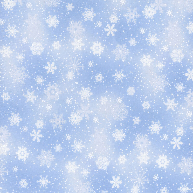 Light blue mottled fabric with various snowflakes all over it