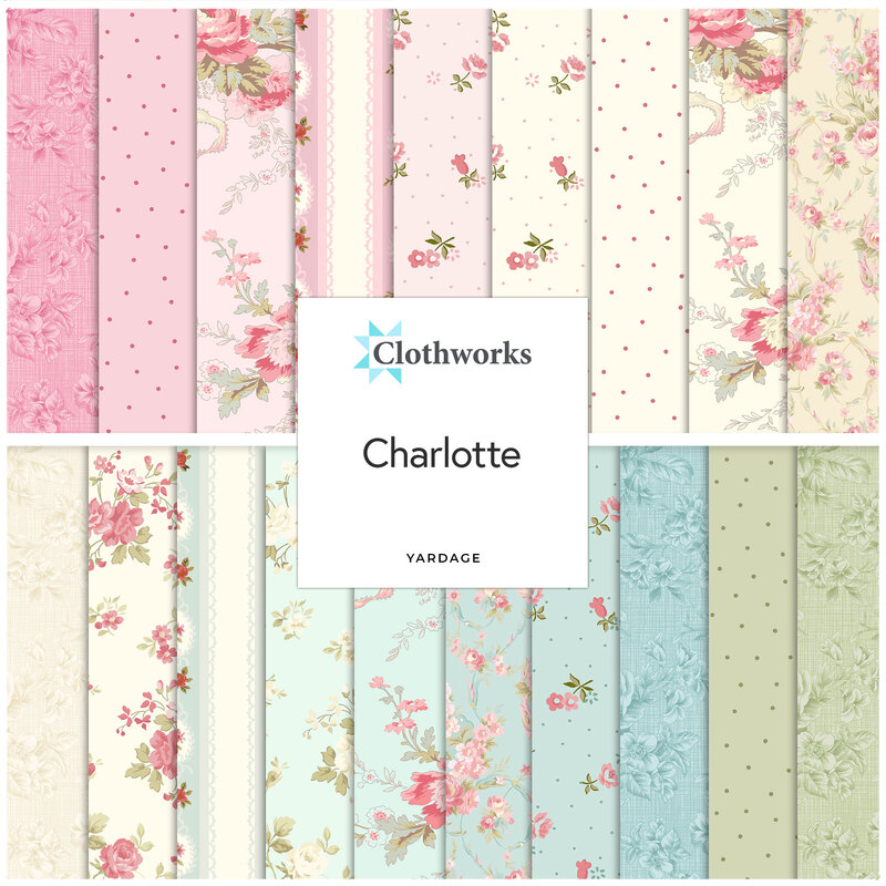 A collage of fabrics in the Charlotte Collection in soft shades featuring floral designs