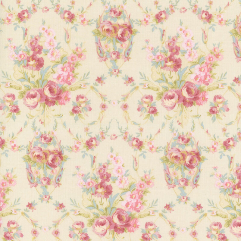 Floral wallpaper fabric pattern featuring pink roses and assorted flowers on a light cream background.