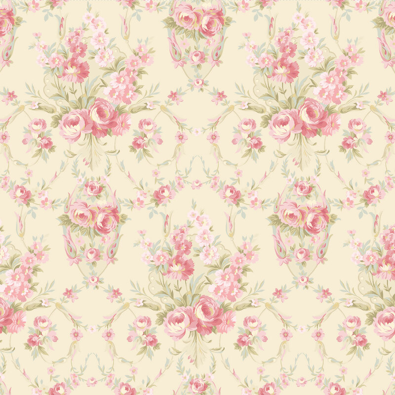 Floral wallpaper fabric pattern featuring pink roses and assorted flowers on a light cream background.