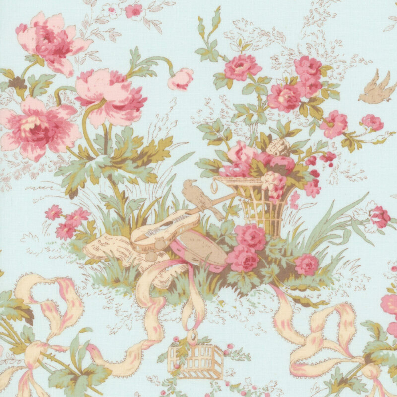 Floral wallpaper fabric pattern featuring pink blossoms, green foliage, and delicate ribbon accents on an aqua background.