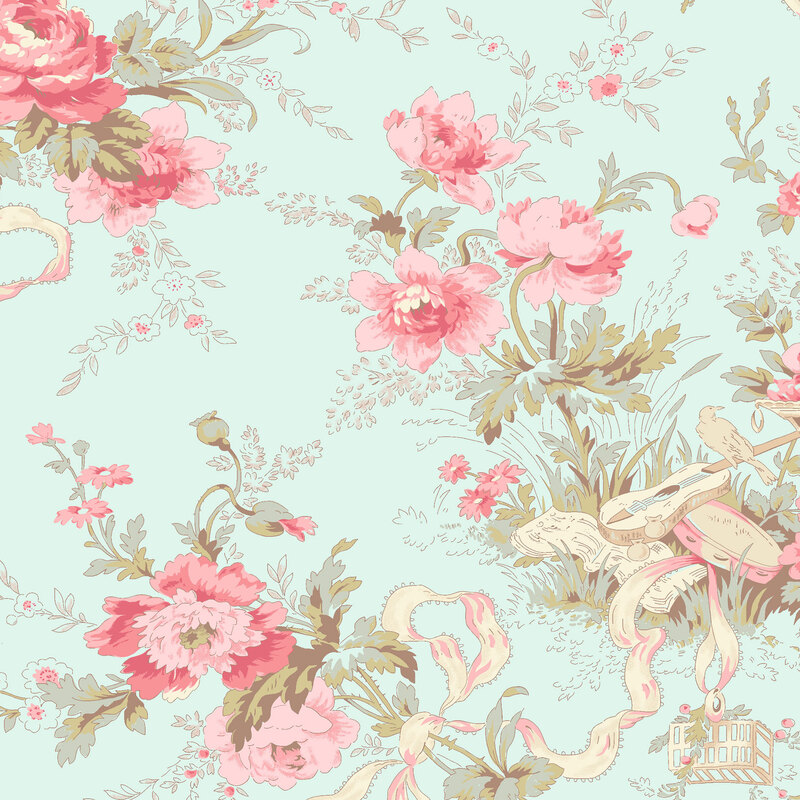 Floral wallpaper fabric pattern featuring pink blossoms, green foliage, and delicate ribbon accents on an aqua background.