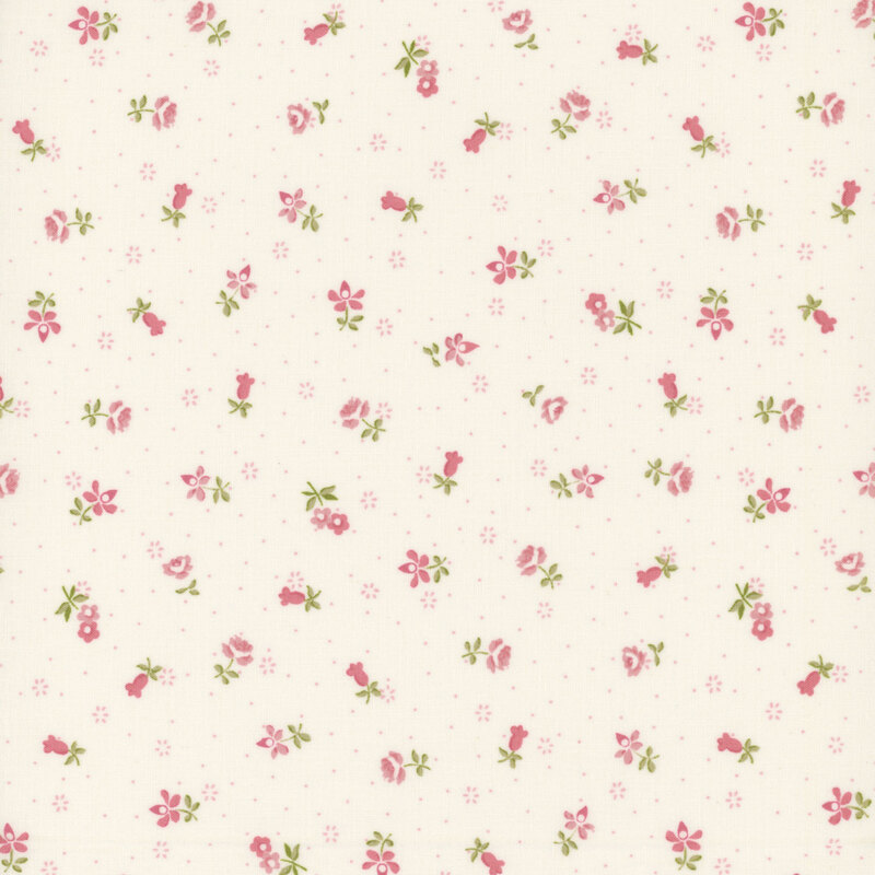 Cream fabric with scattered small floral patterns in shades of pink and green.