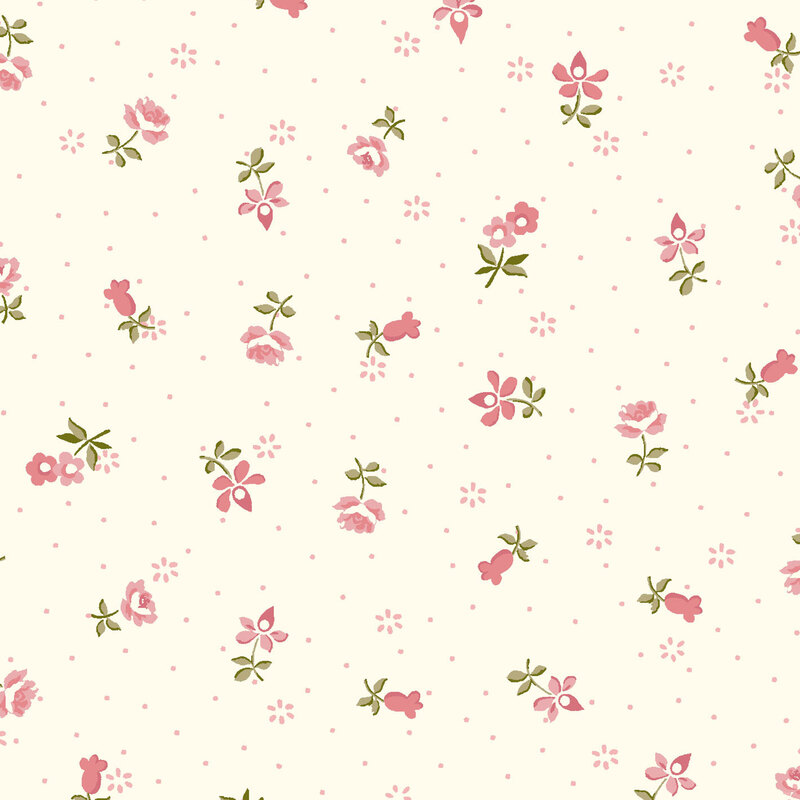 Cream fabric with scattered small floral patterns in shades of pink and green.