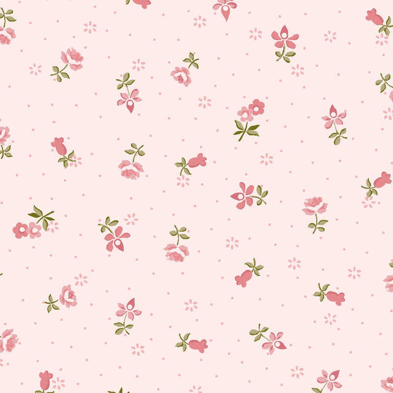 Light pink fabric with scattered small floral patterns in shades of pink and green.