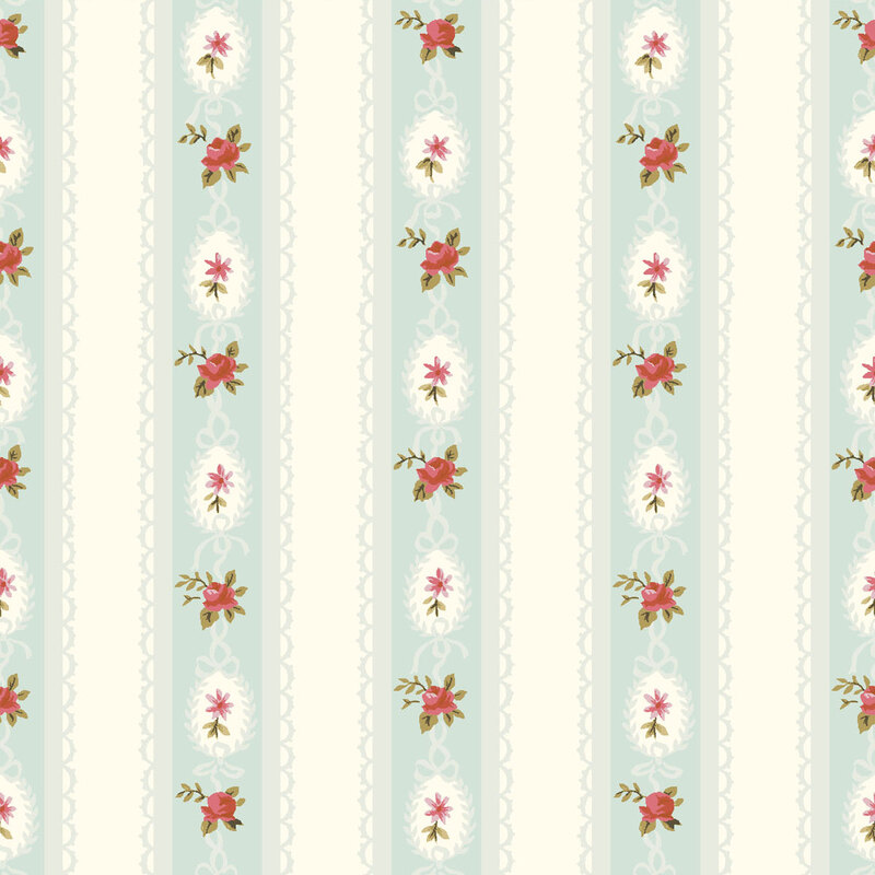 Fabric with vertical stripes of pale blue and cream with small floral motifs and delicate lace details.