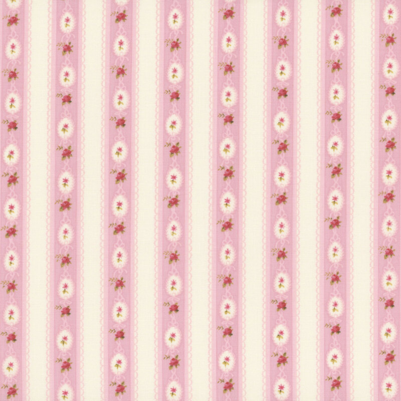 Fabric with vertical stripes of pale pink and cream with small floral motifs and delicate lace details.