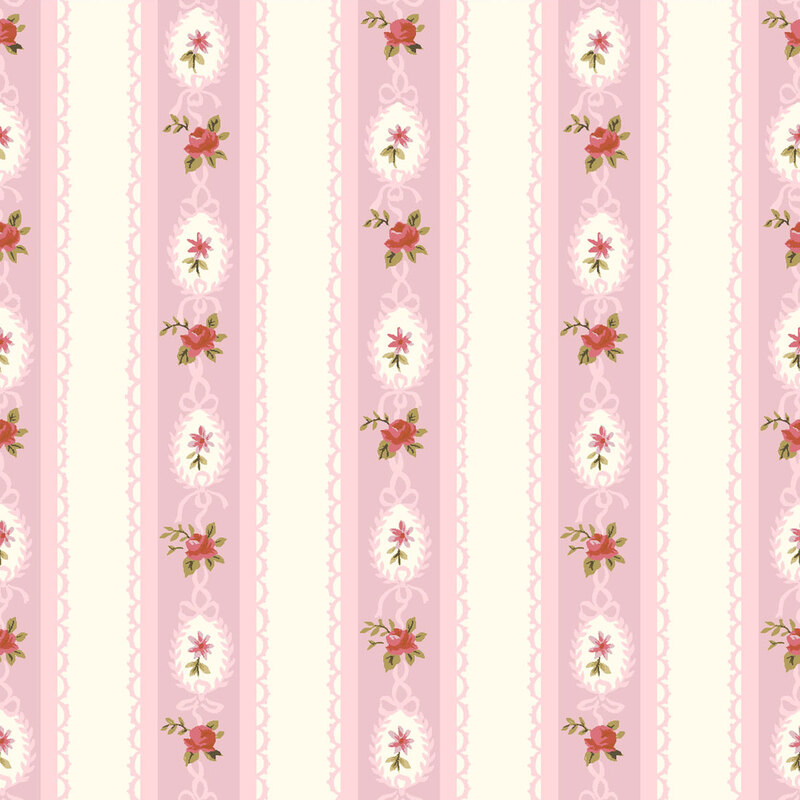 Fabric with vertical stripes of pale pink and cream with small floral motifs and delicate lace details.