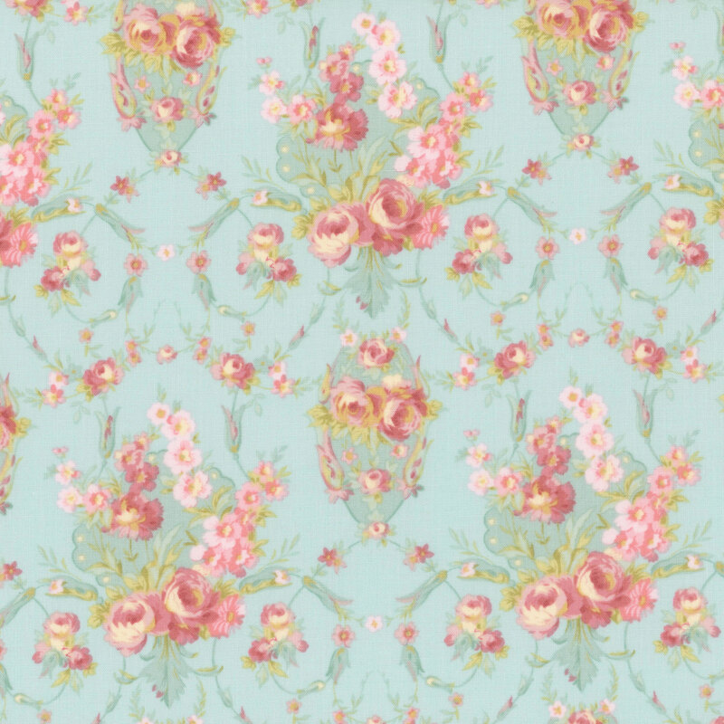 A floral pattern featuring pink roses and small flowers on a light dusty blue background.