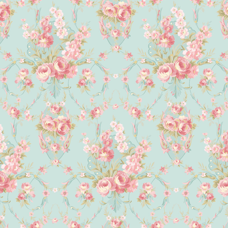 A floral pattern featuring pink roses and small flowers on a light dusty blue background.