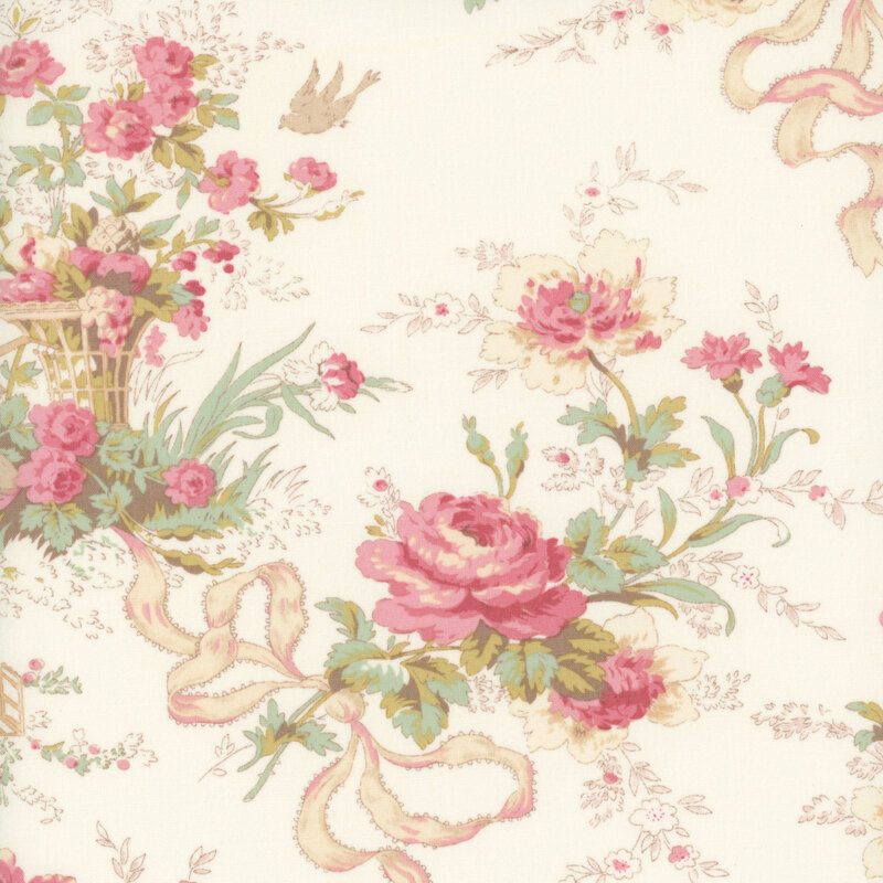 Floral wallpaper fabric pattern featuring pink blossoms, green foliage, and delicate ribbon accents on a cream background.
