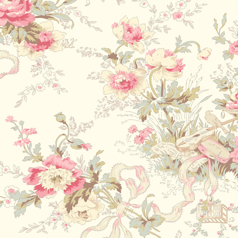 Floral wallpaper fabric pattern featuring pink blossoms, green foliage, and delicate ribbon accents on a cream background.