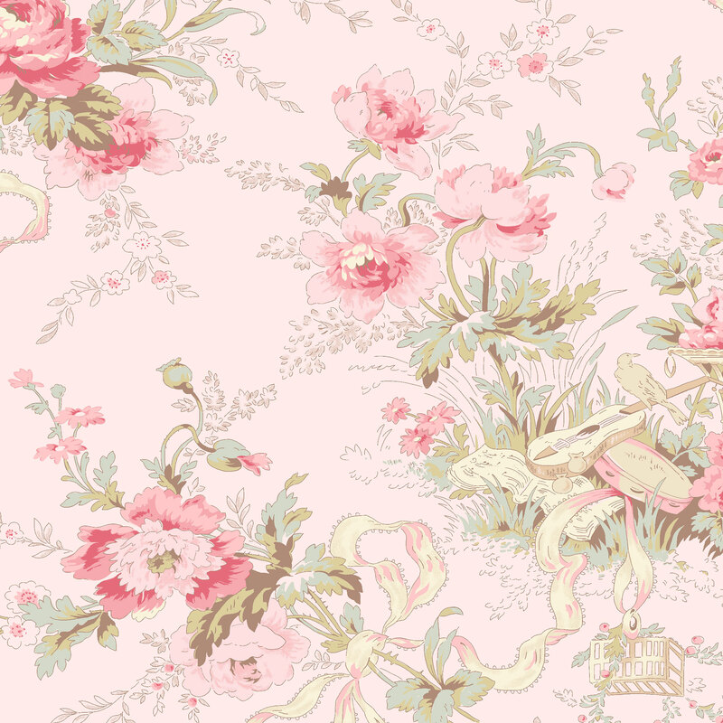 Floral wallpaper fabric pattern featuring pink blossoms, green foliage, and delicate ribbon accents on a pink background.