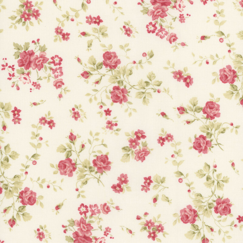 Floral wallpaper-like fabric pattern featuring pink roses and green leaves on a cream background.