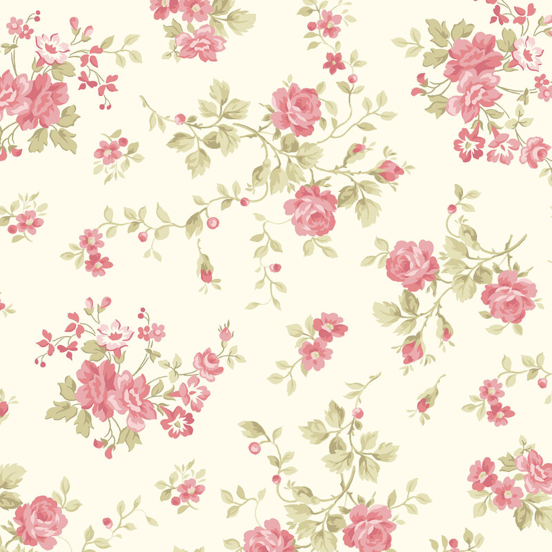 Floral wallpaper-like fabric pattern featuring pink roses and green leaves on a cream background.