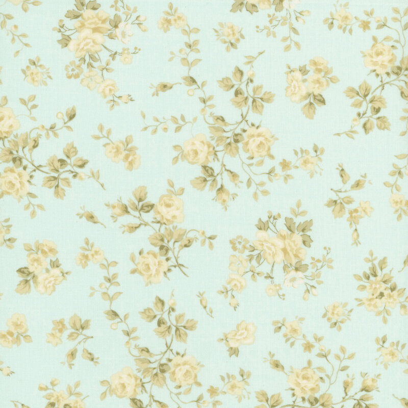 Floral wallpaper-like fabric pattern featuring cream roses and green leaves on an aqua background.