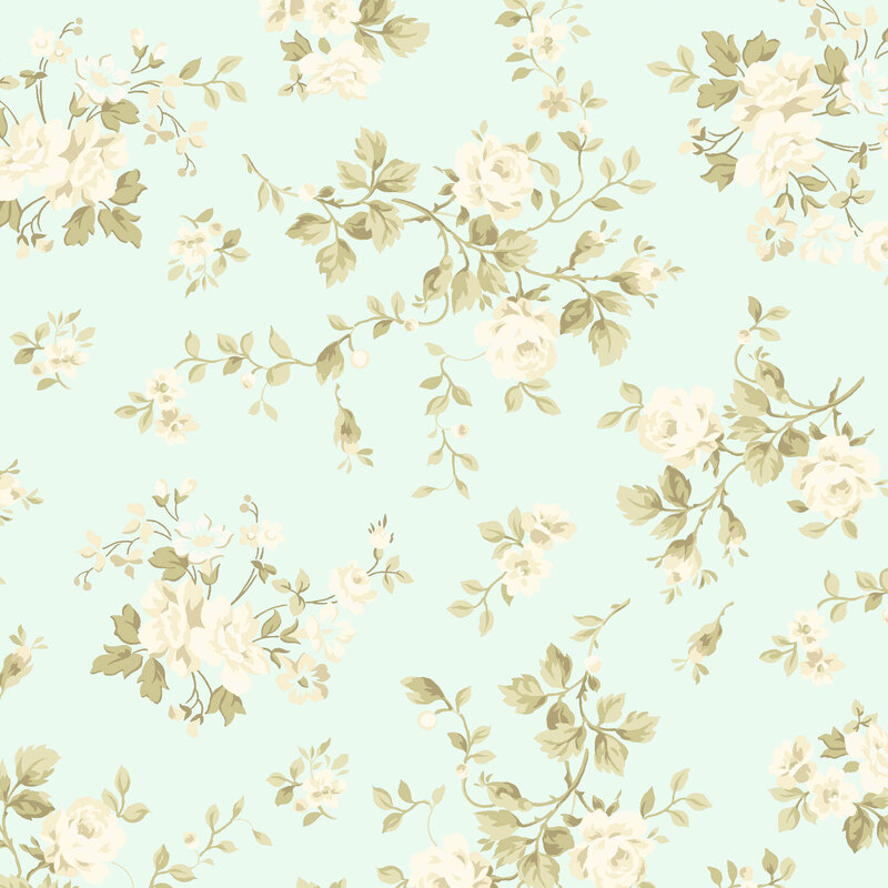 Floral wallpaper-like fabric pattern featuring cream roses and green leaves on an aqua background.