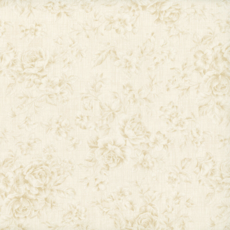 Tonal floral fabric pattern with a light cream background, featuring roses and various small flowers.