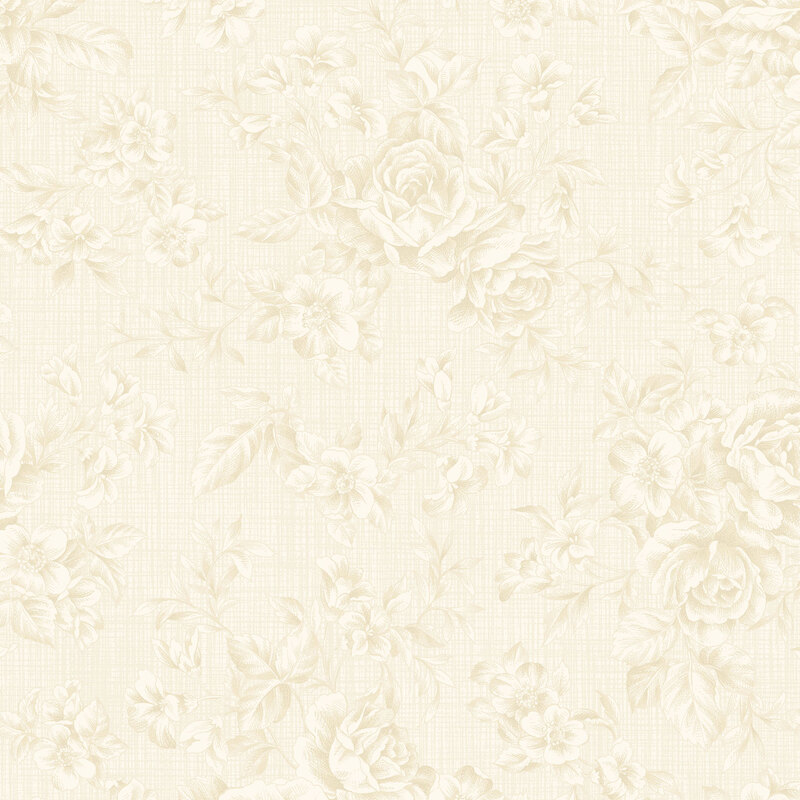 Tonal floral fabric pattern with a light cream background, featuring roses and various small flowers.