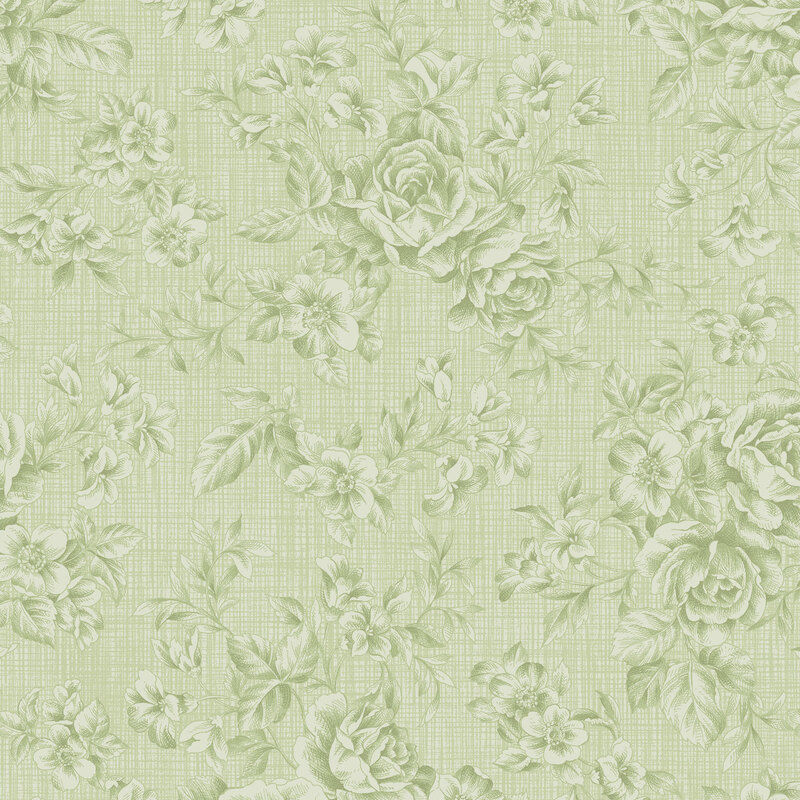 Tonal floral fabric pattern with a light green background, featuring roses and various small flowers.