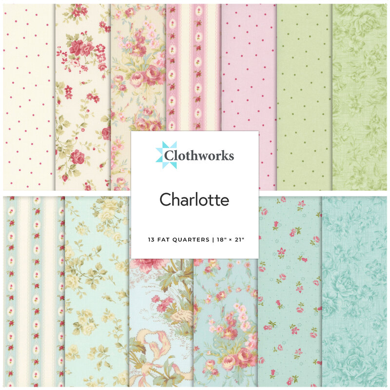 A collage of fabrics in the Charlotte Fat Quarter Set in soft shades featuring floral designs
