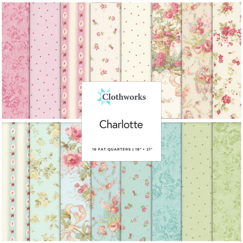 A collage of fabrics in the Charlotte Fat Quarter Set in soft shades featuring floral designs