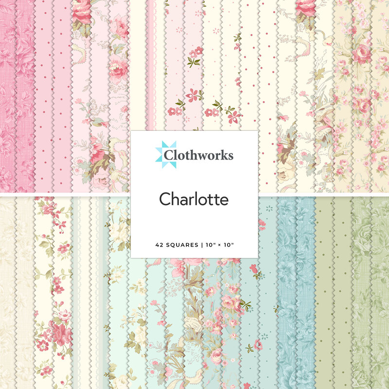 A collage of fabrics in the Charlotte Layer Cake in soft shades featuring floral designs