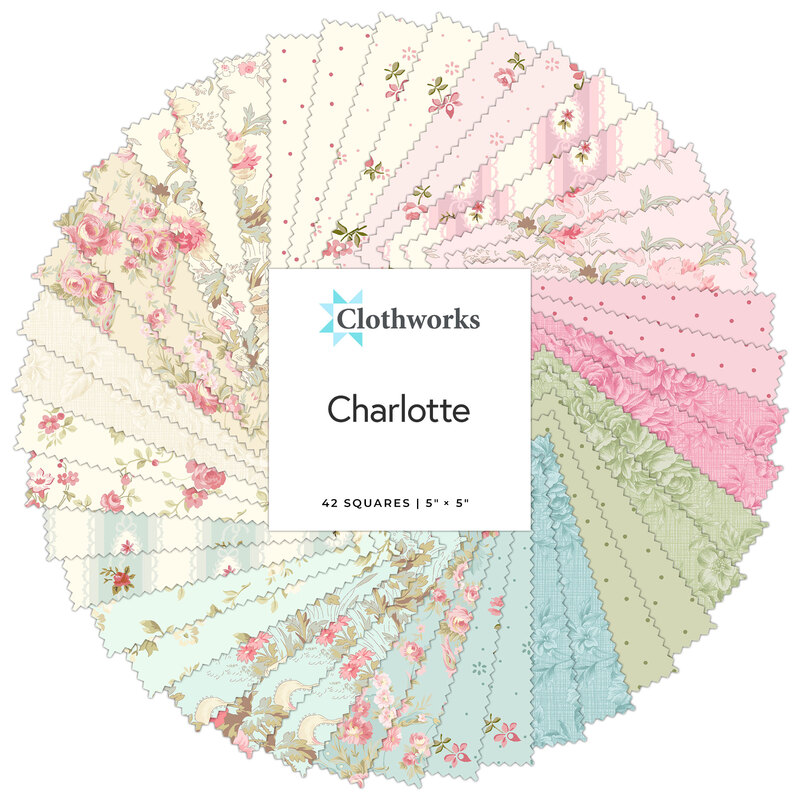 A collage of fabrics in the Charlotte Charm Pack in soft shades featuring floral designs