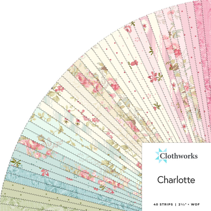 A collage of fabrics in the Charlotte Jelly Roll in soft shades featuring floral designs